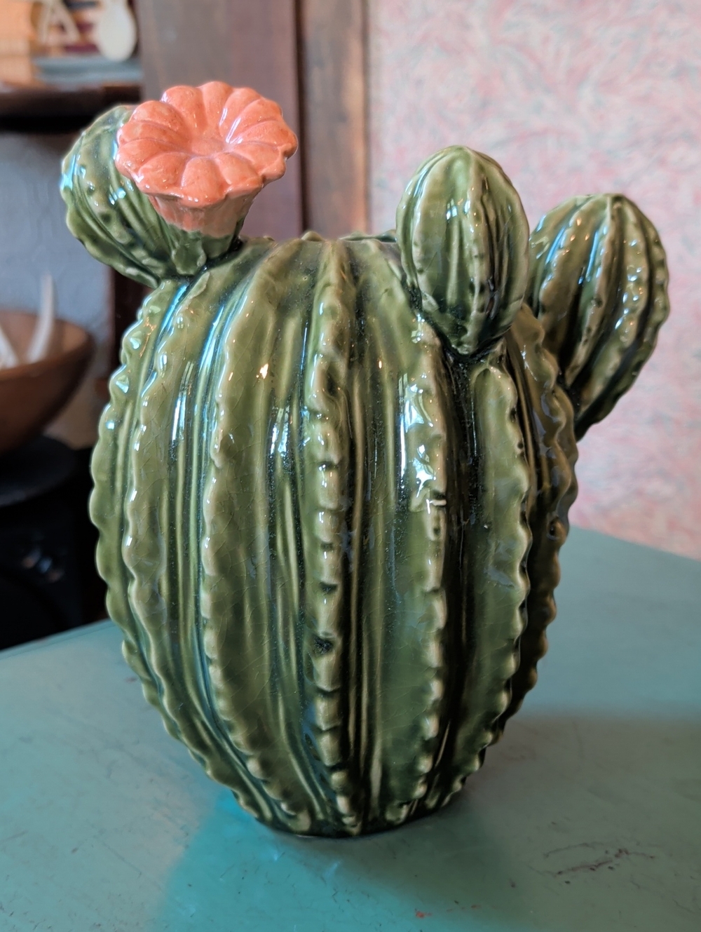 Ceramic Green Cactus Vase with Coral Pink Flower